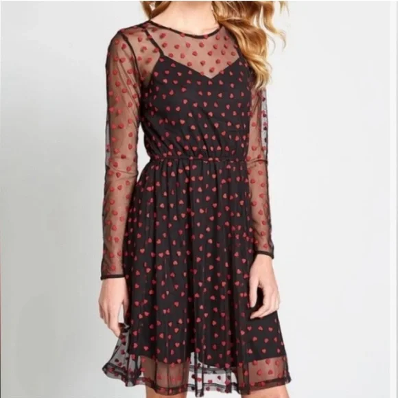 Modcloth Sheer Black Dress with Embroidered Red Hearts - Picture 4 of 9